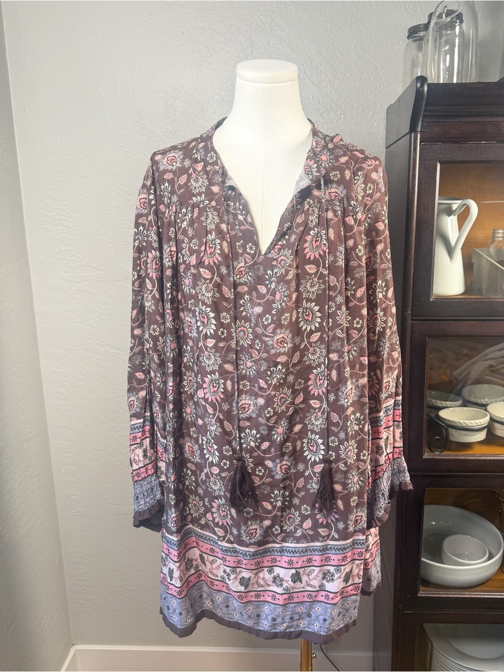 Natural Life Floral Boho Peasant Tunic Top Brown Pink Tassel Tie Size L